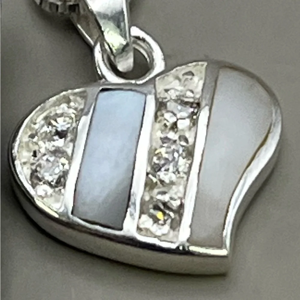 Contemporary Sterling Silver Gray and Blue Heart Necklace with Crystals